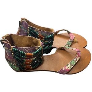 Boho Beaded Ankle-Strap Sandals - Pink & Green